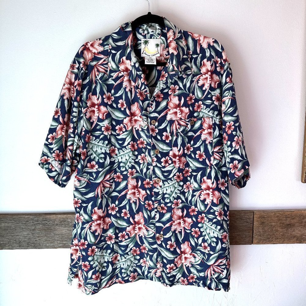 Banana Cabana Silk Shirt Mens Tropical Hawaiian Blue‎ Red Floral L